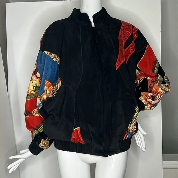 Cache Sz M Vintage Black Suede Snakeskin and Velvet Appliqué Bomber Zip Jacket - Picture 9 of 16